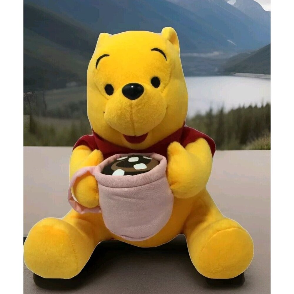 Winnie the Pooh Holding Hot Cocoa Plush Bear Stuffed Animal Baby Toy 11" Disney